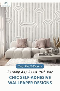 a white couch sitting in front of a wallpapered room with the words shop the collection reamp any room with our chic self - adhesive wallpaper designs