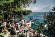 a group of people sitting on top of a lush green hillside next to the ocean