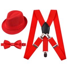 PRICES MAY VARY. NICE ACCESSORIES: The set is a great match to many outfits for every fashion child ( Better UNDER 7-Year-old with NO LARGER HEAD) PACKAGE INCLUDES: 1 x Y-Back Elastic Suspenders ; 1 x Pre-Tied Bow Tie; 1 x Hat. These 3 items are made of different materials, so their colors cannot be exactly the same SIZE: Adjustable Suspender: Width: 1" (2.5cm) x Length 31.25"(87cm) (include the length of the clips); Bow tie: 10cm(L) x 5cm(W)/3.94'' x 1.96'' with adjustable band; Hat: Head circu Suspenders And Bow Tie Outfit, Gangster Party, Necktie Pattern, Nice Accessories, School Costume, Red Suspenders, Hat For Kids, Tie Matching, Bowtie And Suspenders