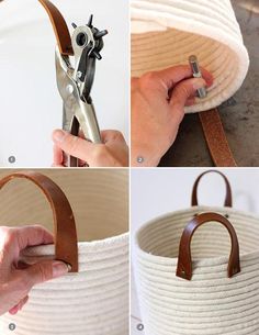 four pictures showing how to make a rope basket with scissors and leather handles for storage