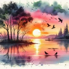 a painting of birds flying over the water at sunset