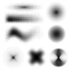 black and white halftoned circles on a white background, each with different shapes