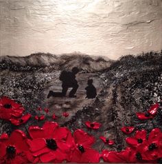 a painting with red flowers and a silhouette of two people