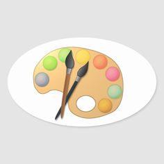 two paintbrushes and an artist's palette on a white oval sticker