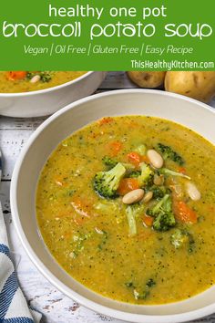 two bowls of broccoli potato soup on a table