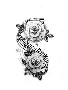 the letter s is made up of music notes and rose tattoos, which are black and white