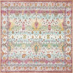 a multicolored area rug with an ornate design on the front and back side