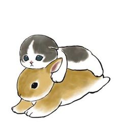 a drawing of a cat laying on top of a rabbit