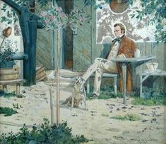 a painting of a man sitting at a table with his dog