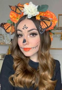 Flower Makeup Halloween, Catrina Simple Makeup, Catrina Makeup Simple, Dia De Los Muertos Face Paint Ideas Easy, Catrina Makeup Mexicana Easy, Simple Catrina Makeup Ideas, Easy Catrina Makeup Kids, Dia De Los Muertos Face Paint Ideas, Catrina Makeup Kids