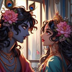 two women with flowers in their hair looking at each other