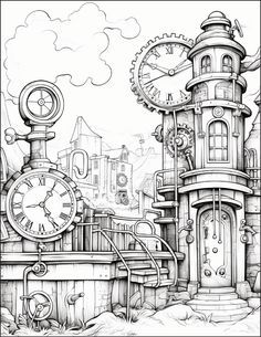 a black and white drawing of a clock tower next to a building with clocks on it