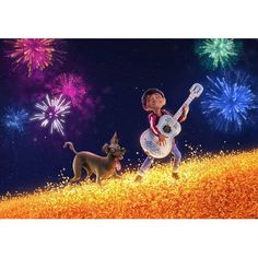 a boy playing the guitar with his dog and fireworks in the background