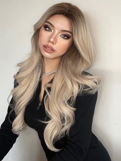 Brown  Collar  Synthetic Fiber  No Bangs Wig Embellished   Wigs & Accs Middle Part Hairstyles, Natural Looking Wigs, Long Hair Wigs, Curly Hair Wig, White Blonde, Long Blonde, Spring Hairstyles