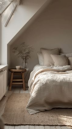 a bed sitting under a slanted ceiling next to a window