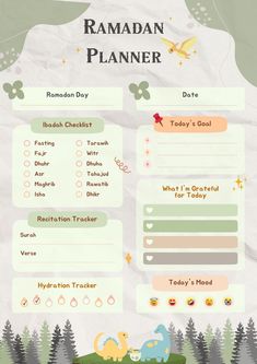 the ramaan planner is shown with animals and trees on it's side, along with