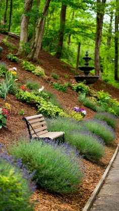 a wooden bench sitting in the middle of a lush green park filled with trees and flowers