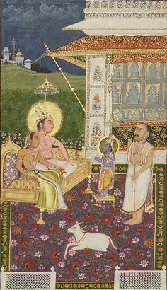 Lord Vishnu in his Vamana Avatara and King Mahabali and Shukracharya, India, Delhi, ca 1800 Indian Traditional Paintings, Ancient Indian Art, Pichwai Paintings, Cave Paintings, Indian Artist, Indian Paintings, Lord Vishnu, Indian Art Paintings