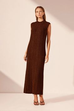 Sleeveless tank midi dress in a metallic rib knit. Brown Dresses, Shona Joy, Brown Dress, Midi Length Dress, Sleeveless Tank, Midi Length, Round Neckline, Brandy, Rib Knit