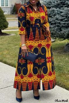 OliviaMark - Schicke und vielseitige Alltagskleidung: Raffiniertes Kleid mit gemischtem Druck, Gürtel und stilvollem Kontrast-Hemdkragen Mixed Print Dress, Long African Dresses, Contrast Dress, Afrikaanse Mode, Casual Chique, African Fashion Women Clothing, African Traditional Dresses, African Fashion Women, African Print Fashion Dresses