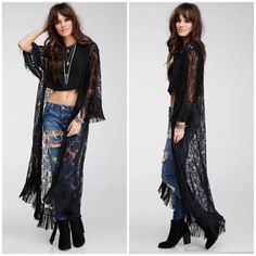 Bohemian Chic Black Lace Sheer Maxi Duster With Long Tassel Fringe Along Bottom Hem And Sleeves. This Is Such A Versatile Piece As It Would Make A Great Swim Coverup And Can Be Worn Layered Over Your Daytime Outfit Or Dressed Up For A Sexy Evening Piece! Our Boutique Is Filled With A Curated Collection Of Styles: Spell Gypsy Boho Bohemian Hippie Retro Vintage Handmade Coachella Festival Free People Anthropologie Johnny Was Urban Outfitters Western Aztec Tribal Floral Vacation Fall Winter Spring Tassel Outfit, Mode Kimono, Cardigan Kimono, Long Sleeve Kimono, High Fashion Women, Black Lace Blouse, Mode Boho, Long Kimono, Womens Tops Summer