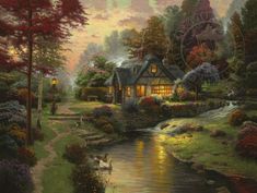 a painting of a house and stream in the fall with trees, grass, and rocks