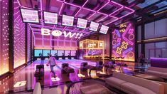 a bowling alley with people sitting on benches and tables in front of the neon lights