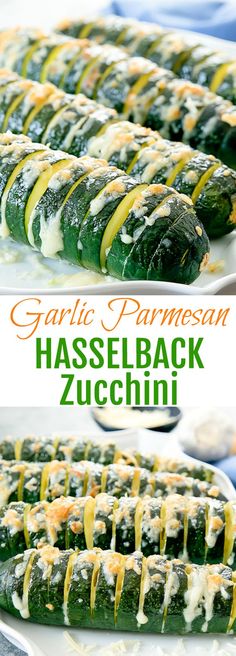 garlic parmesan hasselback zucchini on a white platter and is ready to be eaten