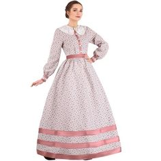 Step back to a time of turmoil with this Women's Civil War Dress costume. This floral print dress features a lace collar and decorative buttons on the bodice as well as a ribbon around the waist and three ribbon strips above the hemline. Also included are an elastic waist petticoat and a cameo with a pin on the back. Pioneer Dresses For Women, Pioneer Dresses, 1860s Day Dress, Colonial Fashion, Historical Outfits, Fashion Eras, Pioneer Trek, 1860s Fashion