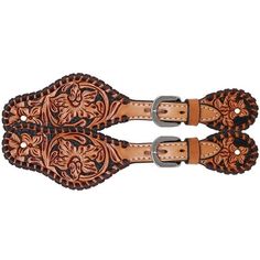 two brown leather belts with intricate designs on them