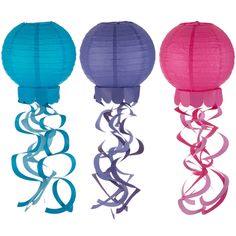 three paper lanterns in different colors and sizes