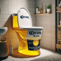 a toilet with corona beer on it in a bathroom