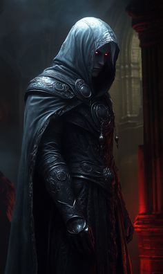 a man dressed in black with a hooded cloak and red eyes standing in front of a building