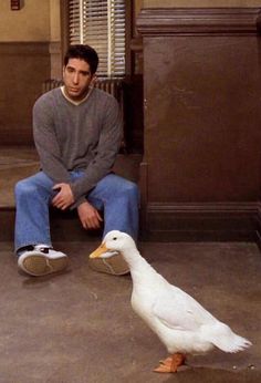 a man sitting on the ground next to a duck and another person standing in front of him