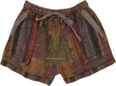 Stonewashed brown patchwork bohemian shorts are made of canvas yet breathable cotton fabric.  The bottom hem and pockets are made of thicker dari fabric. #tlb #bohemianfashion #HippieShorts #Unisexshorts #FallShorts Nature Clothes, Hippie Fabric, Hippie Shorts, Belly Dance Jewelry, Hippie Look, Fall Shorts, Shorts Cotton, Trendy Skirts, Fashion Mood Board