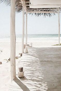 an empty beach covered in white umbrellas next to the ocean