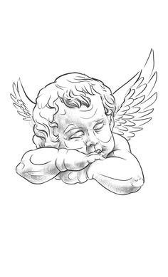 a drawing of an angel with its head resting on his hands and eyes closed to the side