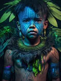 a young boy with blue face paint and feathers on his head, standing in front of green leaves