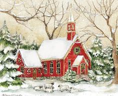 a painting of a red church in the snow