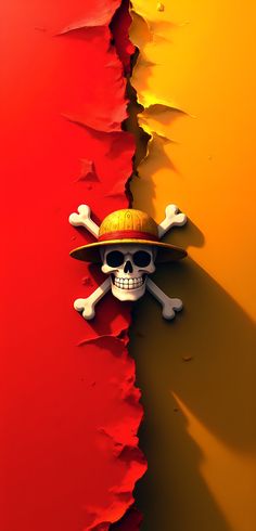 a skull wearing a yellow hat and sunglasses on top of a torn up red wall