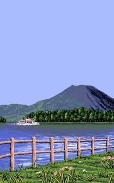 a painting of a lake with a boat in the water and mountains in the background