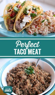 two tacos with meat, rice and salsa on the side are shown in this collage