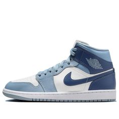 (WMNS) Air Jordan 1 Mid 'Two-Tone Blue' BQ6472-140 Nike Shoes Jordans Air Force High Tops, Trendy Girls Shoes, Nike Lowtop Shoes, Air Jordan 1 Light Blue, Cool Air Jordans, Shoes For Teen Girl, Cool Sneakers Nike, Air Jordan 1 Womens, Custom Blazers Shoes