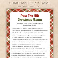 a christmas party game with the words pass the gift and instructions to play on it