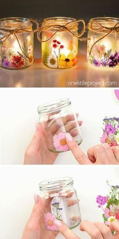 three images show how to make flowers in mason jars