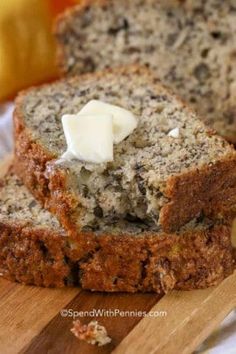 two slices of banana bread on a cutting board