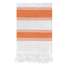 an orange and white towel with fringes