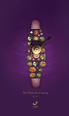 an advertisement for the thai cuisine is displayed on a purple background with food items in it