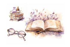 an open book with glasses and lavender flowers