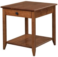 a small wooden table with one drawer on the bottom and two shelves below it, against a white background